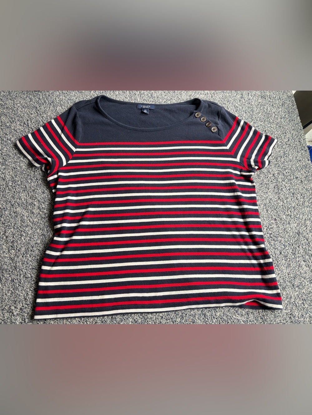 Chaps Navy Striped Short-Sleeve Tee with Shoulder Buttons - Picture 2 of 8